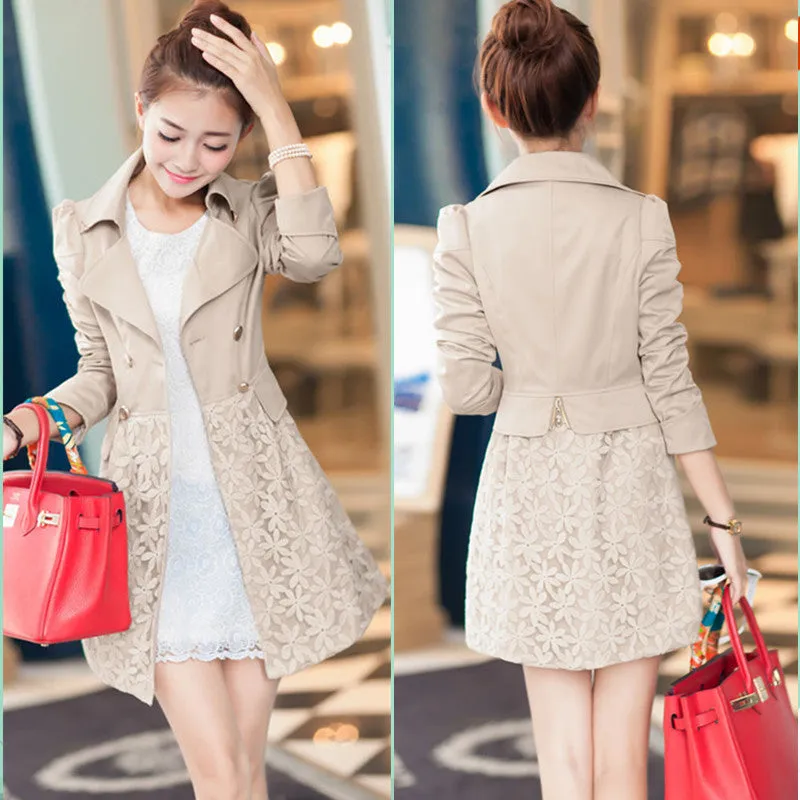 Lace Patchwork Turn-down Collar Slim Button Mid-length Coat