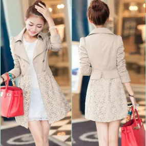 Lace Patchwork Turn-down Collar Slim Button Mid-length Coat