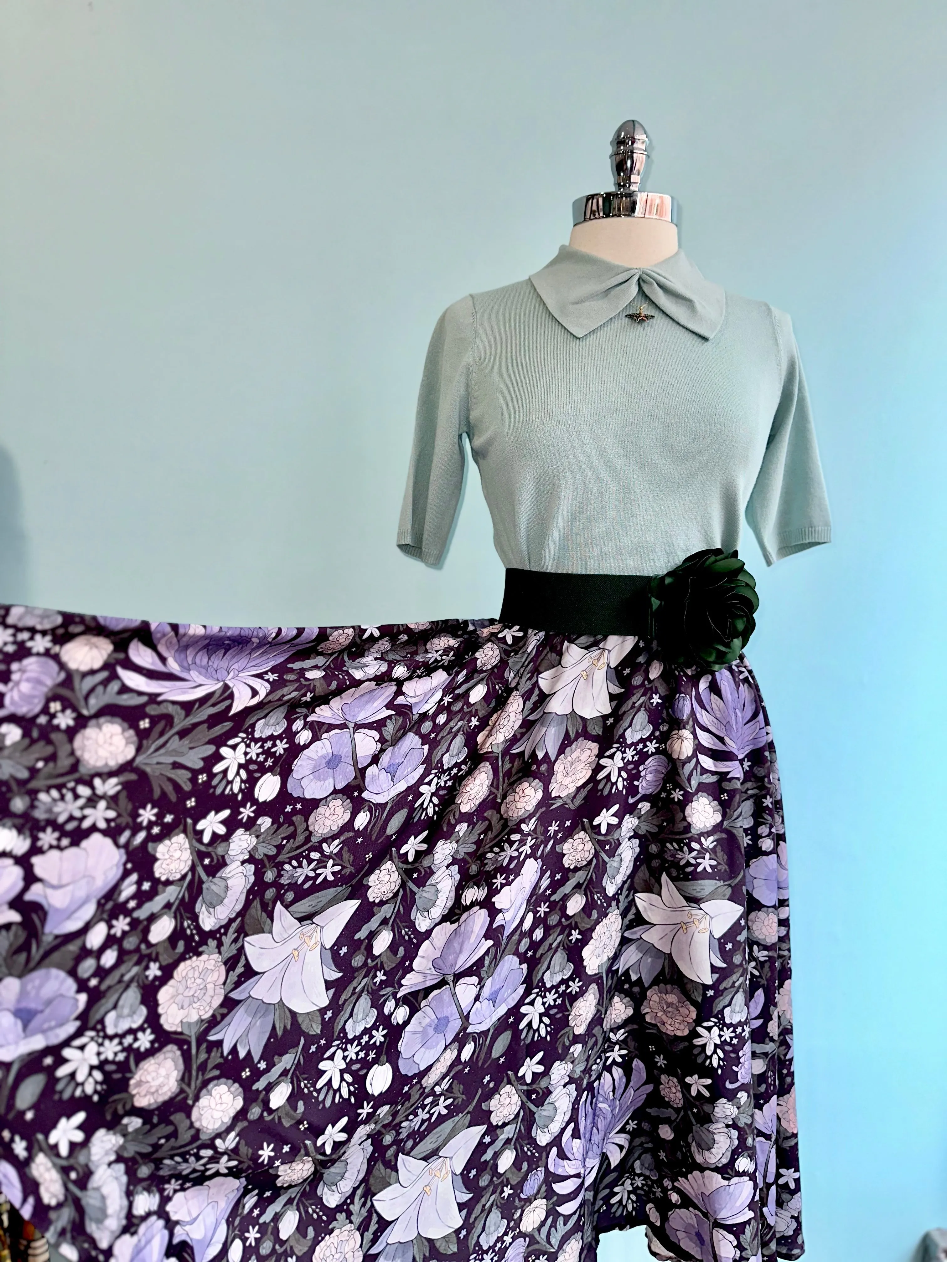 Lavender and Olive Floral Midi Skirt by Morning Witch