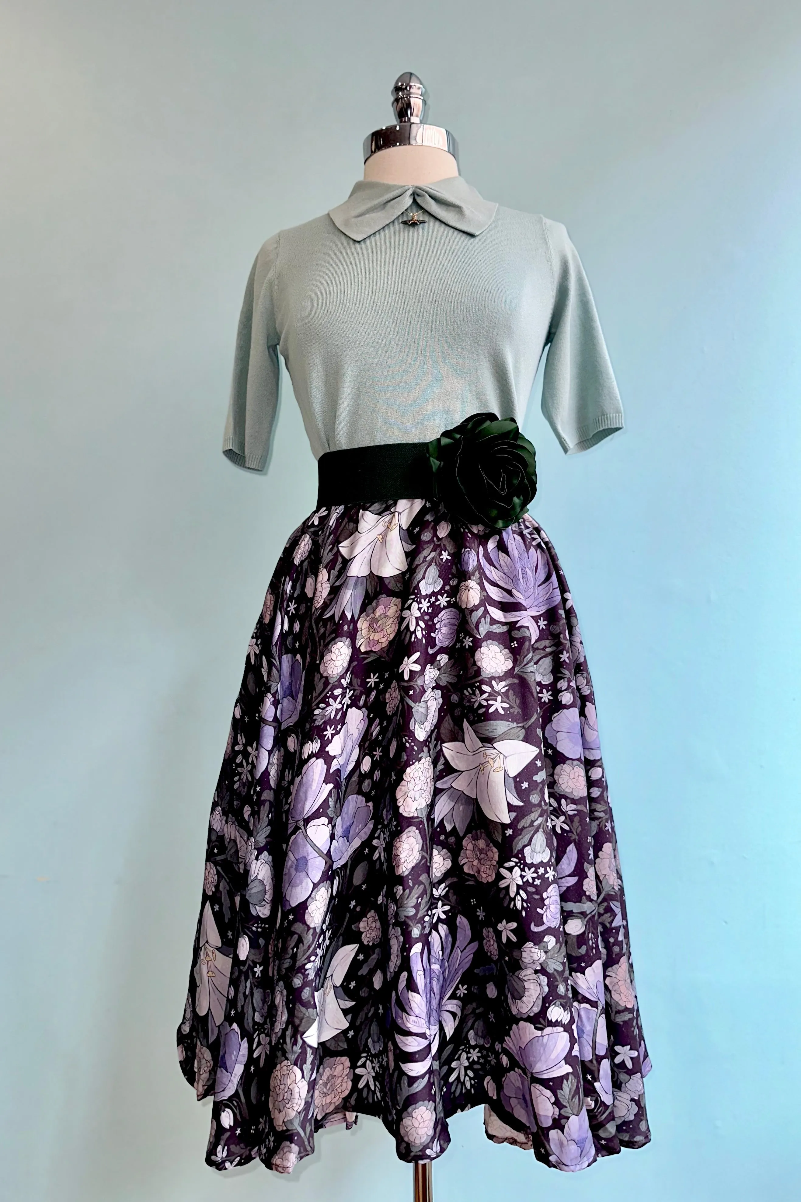 Lavender and Olive Floral Midi Skirt by Morning Witch