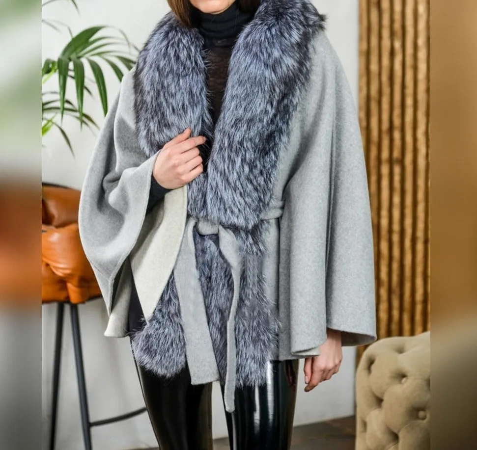 Long Nature Fox Fur Collar With Warm Cashmere Slim Woolen Coat Capped