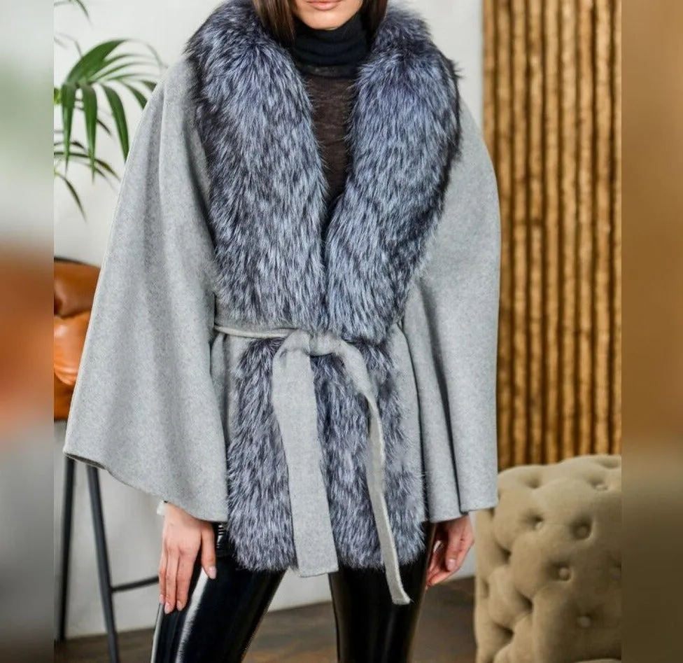 Long Nature Fox Fur Collar With Warm Cashmere Slim Woolen Coat Capped