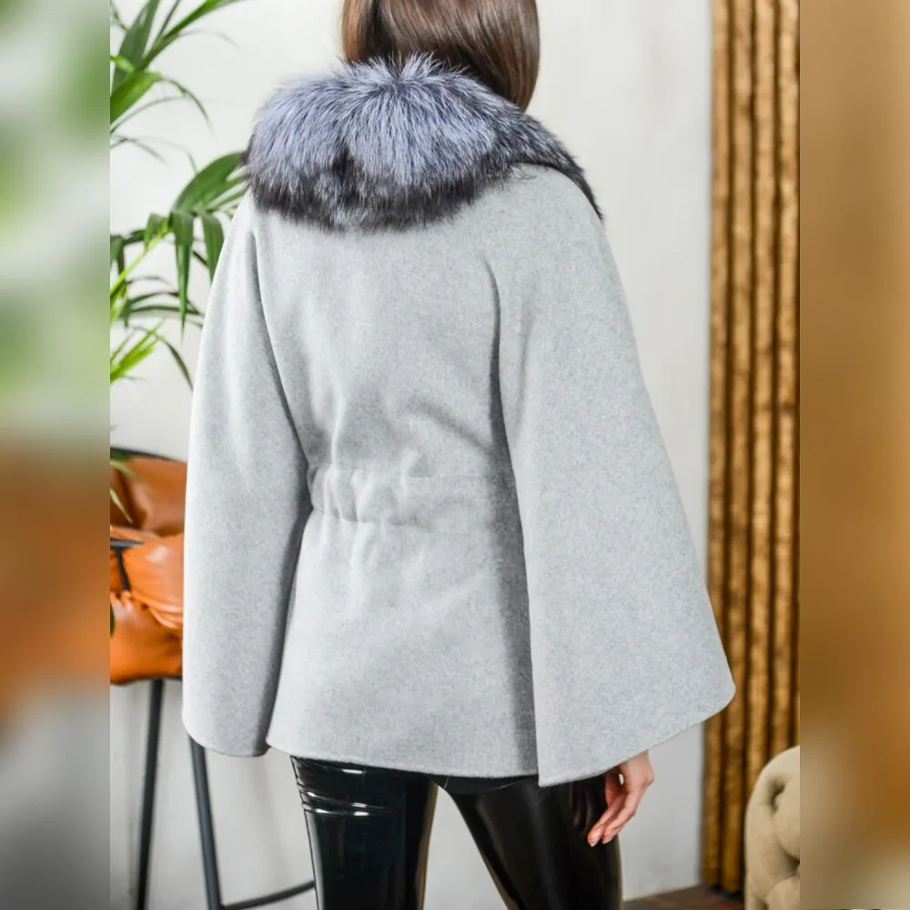 Long Nature Fox Fur Collar With Warm Cashmere Slim Woolen Coat Capped