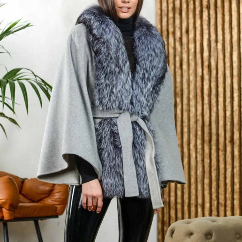 Long Nature Fox Fur Collar With Warm Cashmere Slim Woolen Coat Capped