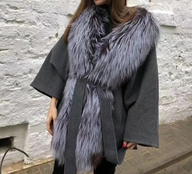 Long Nature Fox Fur Collar With Warm Cashmere Slim Woolen Coat Capped