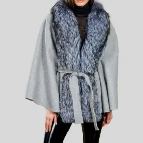Long Nature Fox Fur Collar With Warm Cashmere Slim Woolen Coat Capped