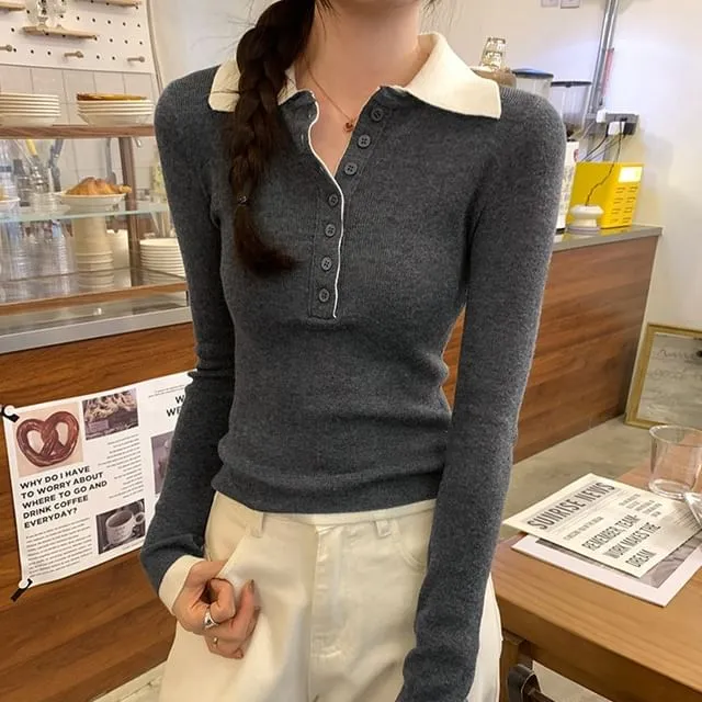 Long-Sleeve Collared Mock Two-Piece Two Tone Half-Buttoned Knit Top