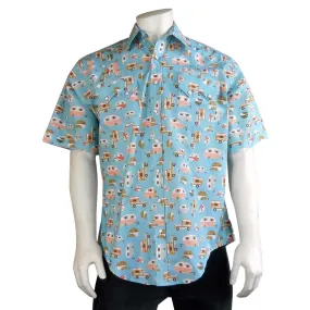 Men’s Retro Campers Print Short Sleeve Western Shirt in Turquoise