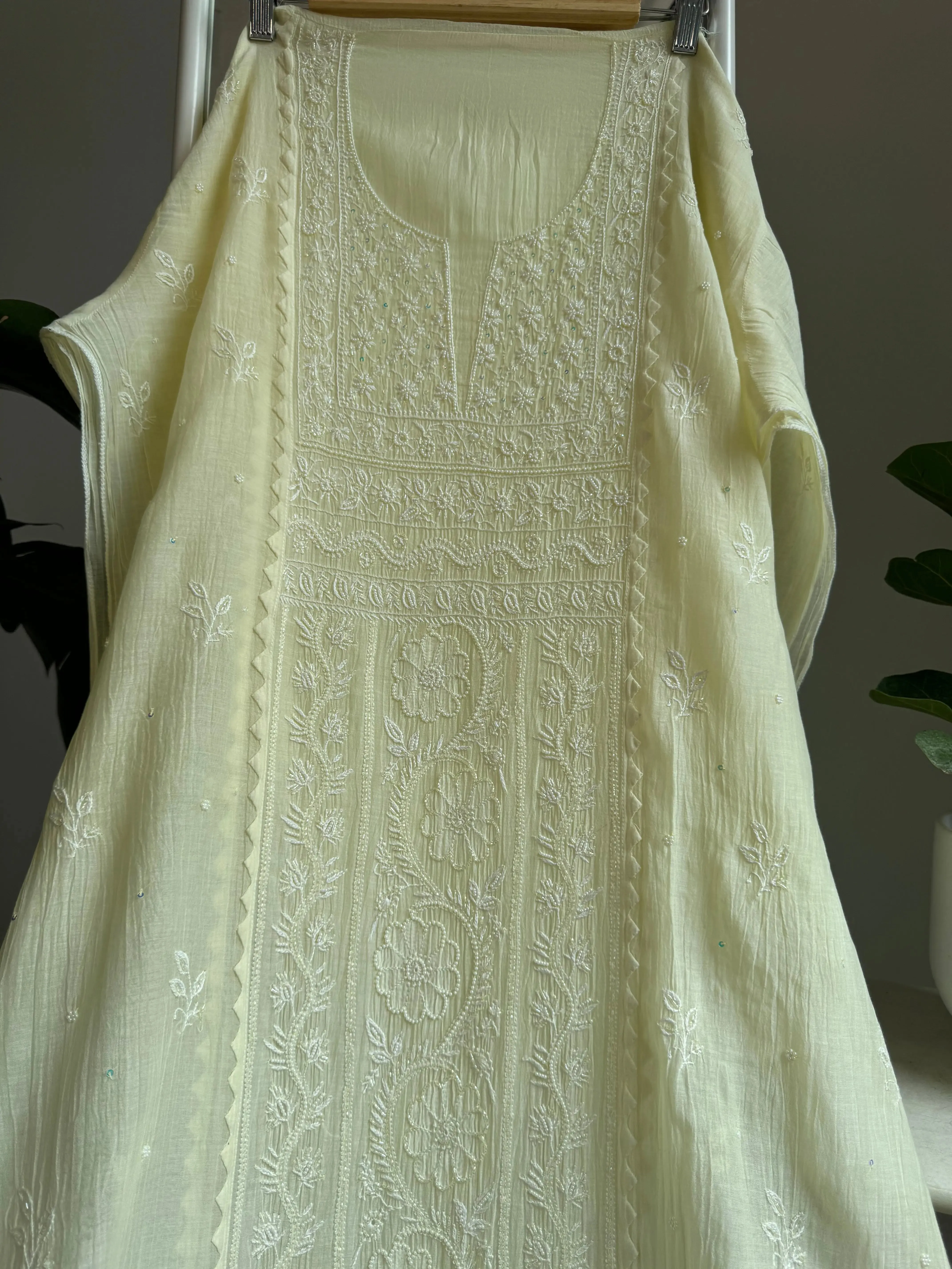 Mul Chanderi Straight Chikankari Tunic - yellow