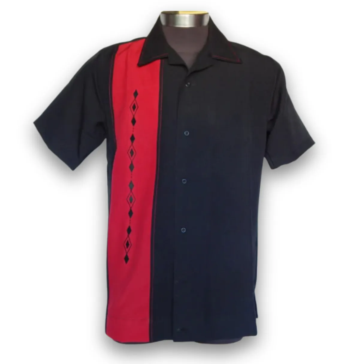 Nifty50's Havana One Panel Diamond Design Men's Retro Bowling Shirt Black/Red