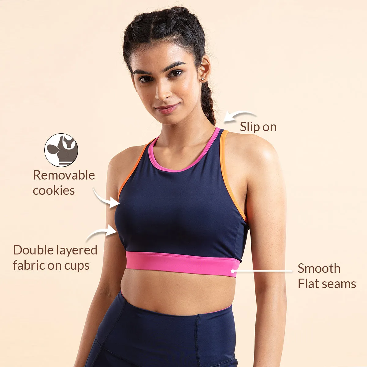 Nykd All Day Low impact Crop top Bra-NYK112-Peacoat Navy