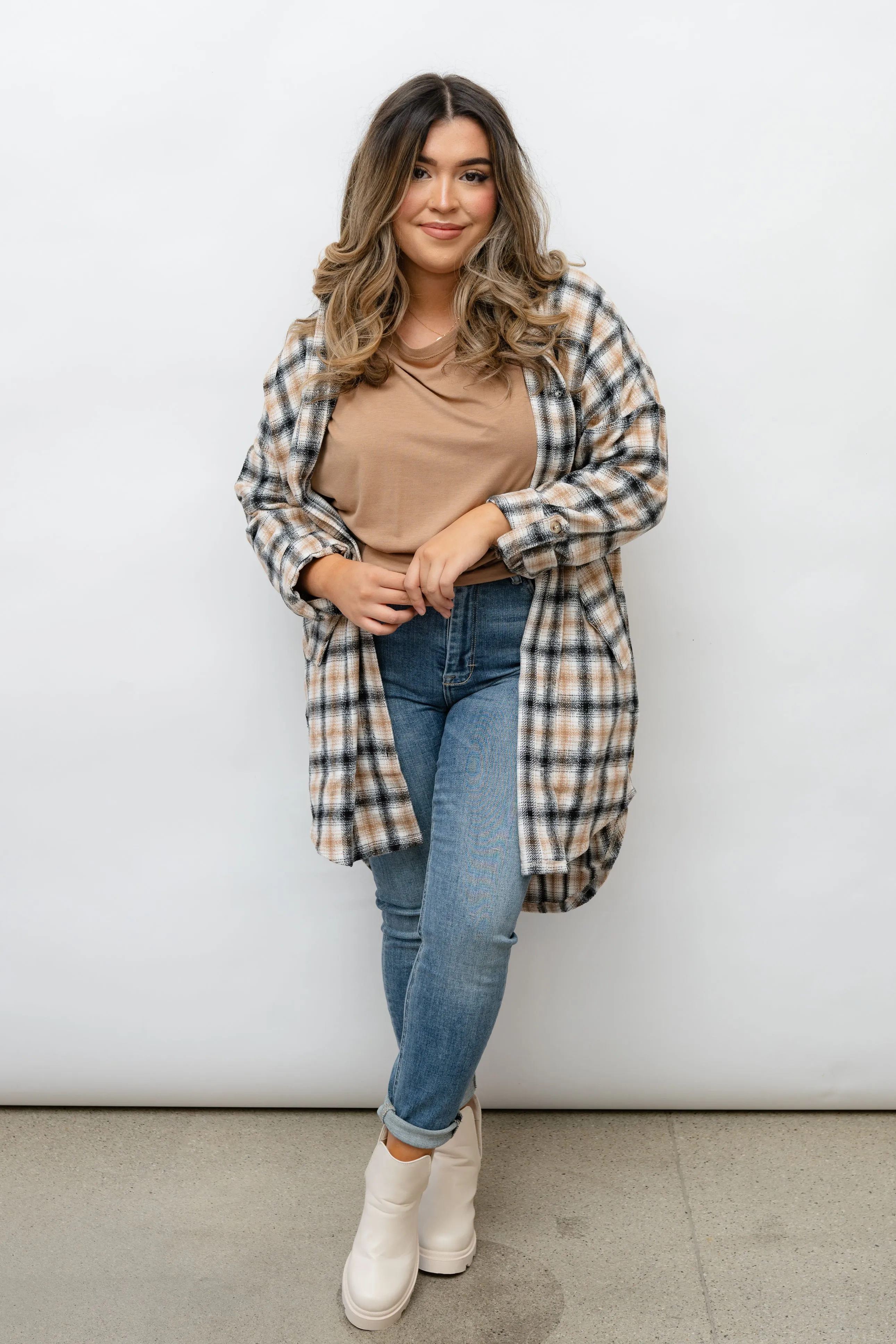 OVERSIZED PLAID BUTTON DOWN TOP SHACKET- BLACK