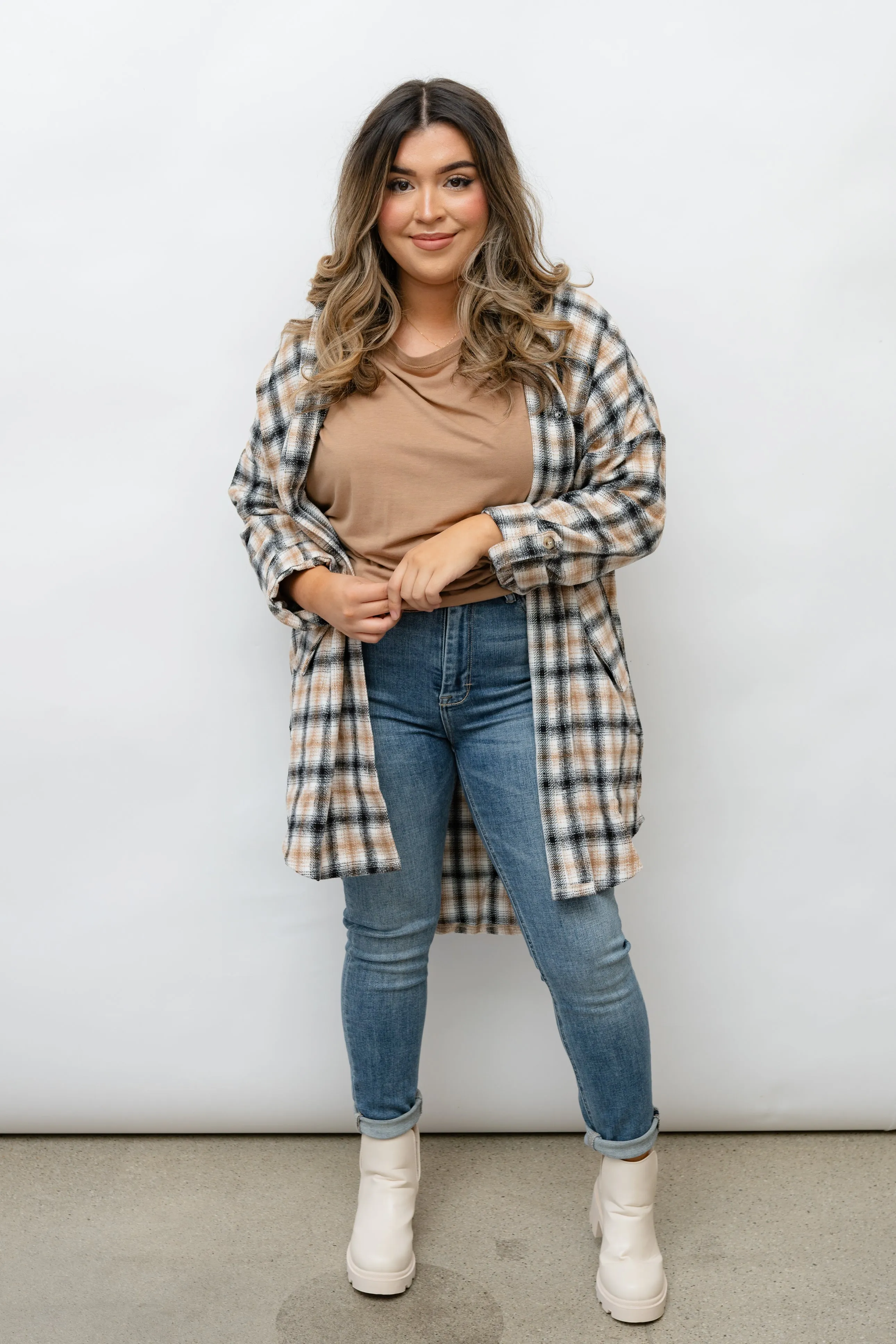 OVERSIZED PLAID BUTTON DOWN TOP SHACKET- BLACK