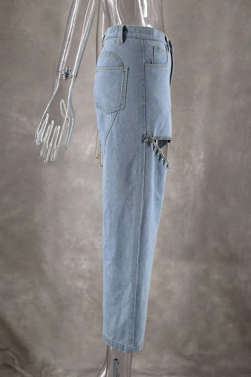 PM0282 Rhinestones Straight Leg Jeans