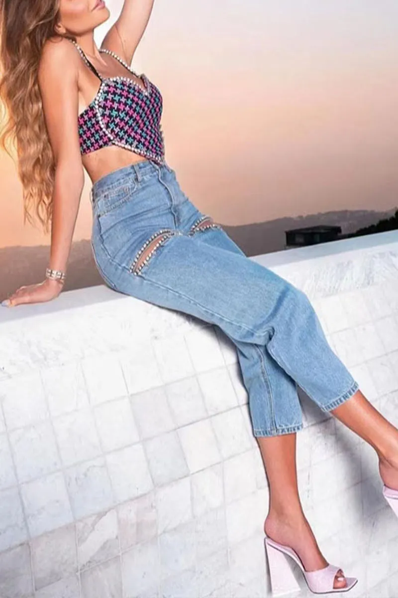 PM0282 Rhinestones Straight Leg Jeans