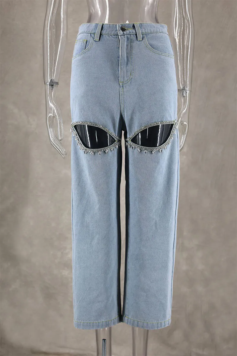 PM0282 Rhinestones Straight Leg Jeans