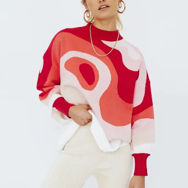Preppy Style Knit Women Pullover Sweater Spring Autumn New Design Blue White Printed Soft Loose Tops Lady Long Sleeve Sweaters
