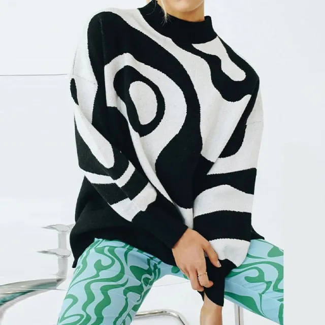 Preppy Style Knit Women Pullover Sweater Spring Autumn New Design Blue White Printed Soft Loose Tops Lady Long Sleeve Sweaters