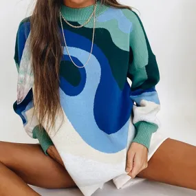 Preppy Style Knit Women Pullover Sweater Spring Autumn New Design Blue White Printed Soft Loose Tops Lady Long Sleeve Sweaters
