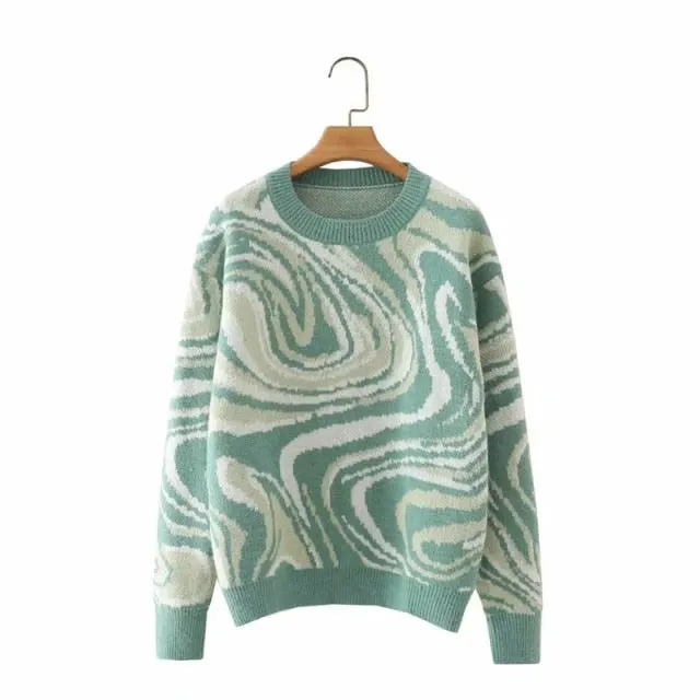 Preppy Style Knit Women Pullover Sweater Spring Autumn New Design Blue White Printed Soft Loose Tops Lady Long Sleeve Sweaters