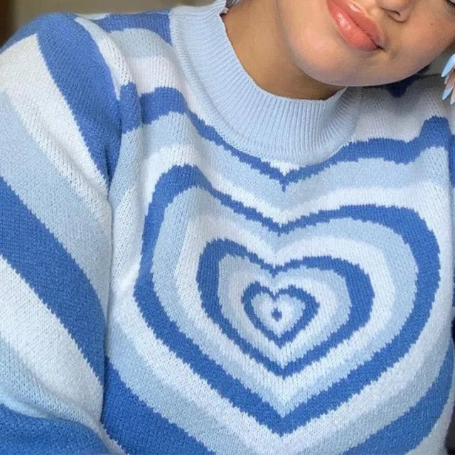 Preppy Style Knit Women Pullover Sweater Spring Autumn New Design Blue White Printed Soft Loose Tops Lady Long Sleeve Sweaters