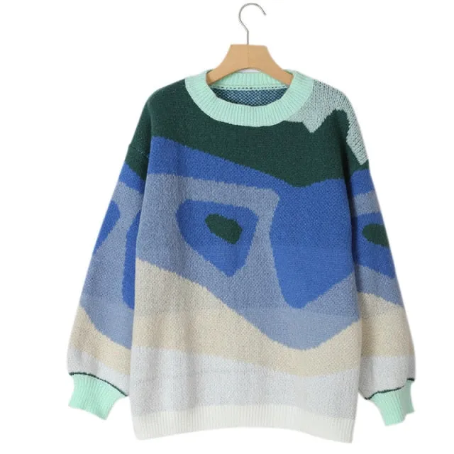 Preppy Style Knit Women Pullover Sweater Spring Autumn New Design Blue White Printed Soft Loose Tops Lady Long Sleeve Sweaters