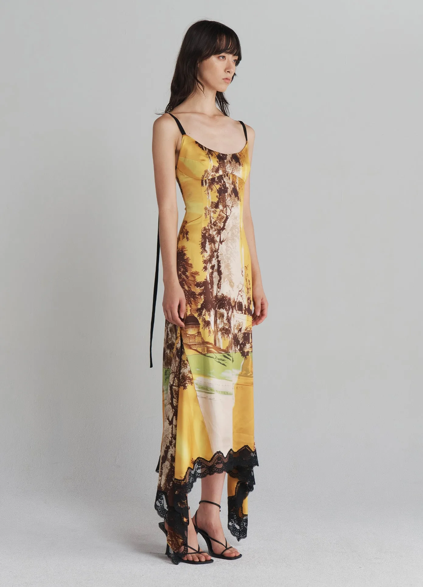 Printed Slip Dress with Lace Hem