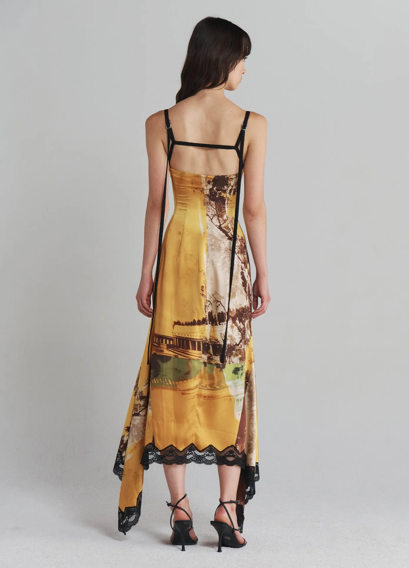 Printed Slip Dress with Lace Hem