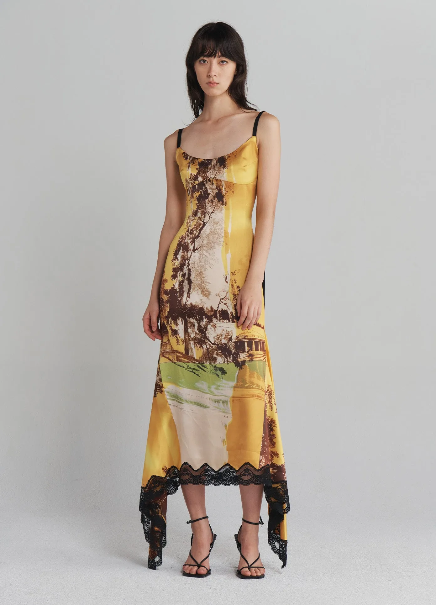 Printed Slip Dress with Lace Hem