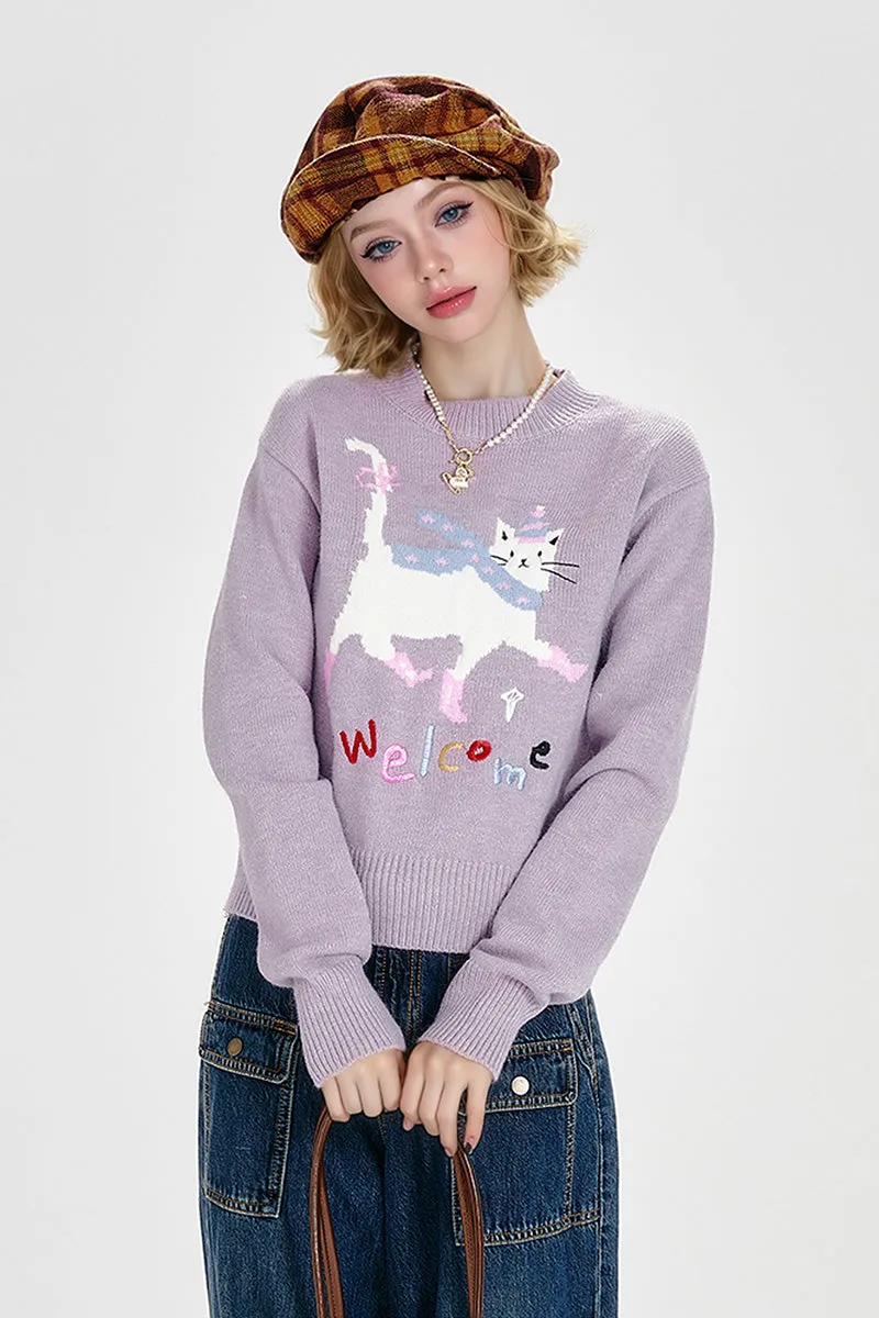 Purple Mock Neck Pullover Sweater with Joyful Puss