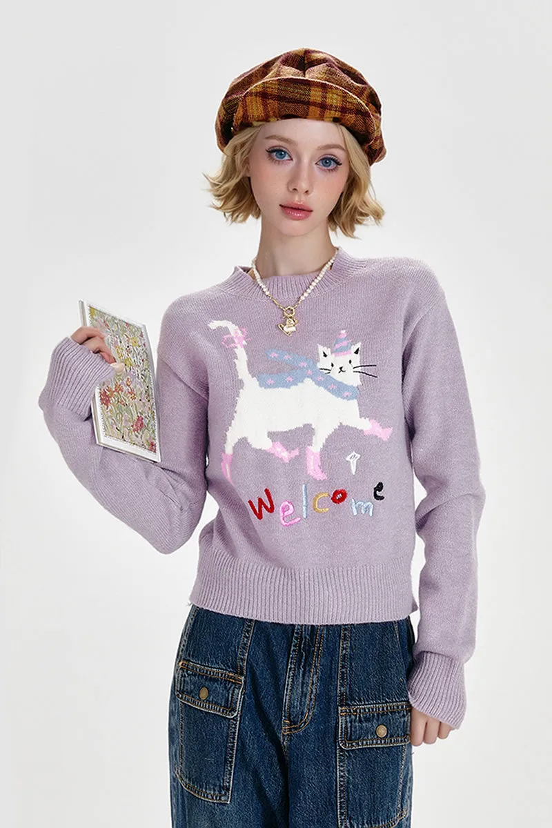 Purple Mock Neck Pullover Sweater with Joyful Puss