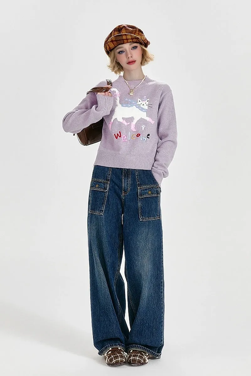 Purple Mock Neck Pullover Sweater with Joyful Puss