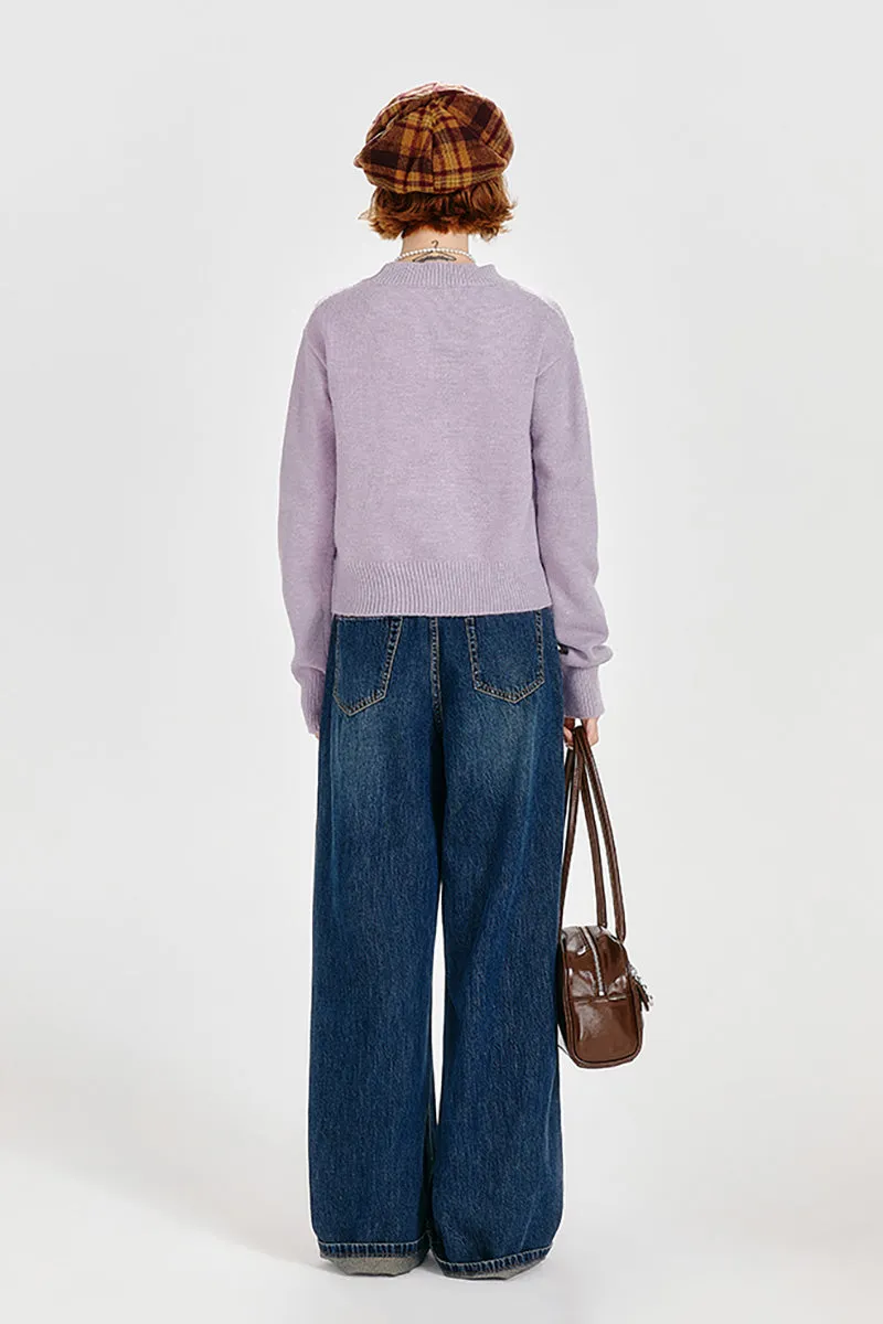Purple Mock Neck Pullover Sweater with Joyful Puss