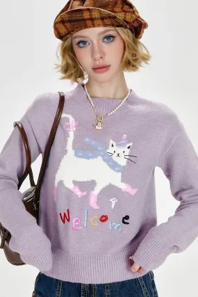 Purple Mock Neck Pullover Sweater with Joyful Puss