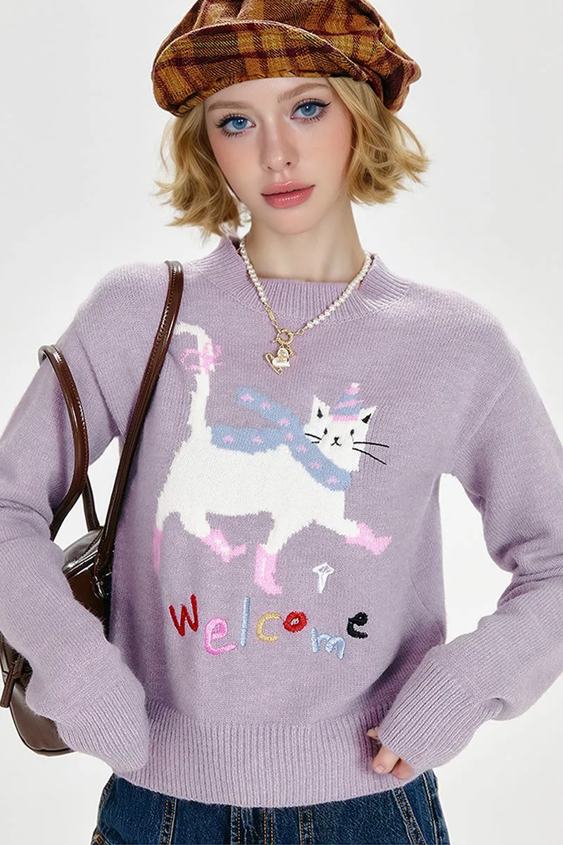 Purple Mock Neck Pullover Sweater with Joyful Puss