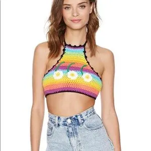 Rainbow Crochet Halter Daisy Applique Soft Pastel Colors With Daisies Boho Top Festival Wear Sizes Small Medium Or Large