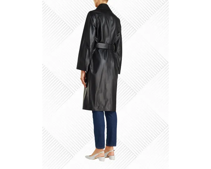 Simran Black Leather Long Trench Coat Women Outfit with Belt