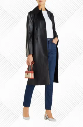 Simran Black Leather Long Trench Coat Women Outfit with Belt
