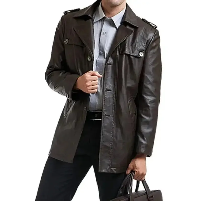 Single Breasted Black Motorcycle Leather Coat for Men