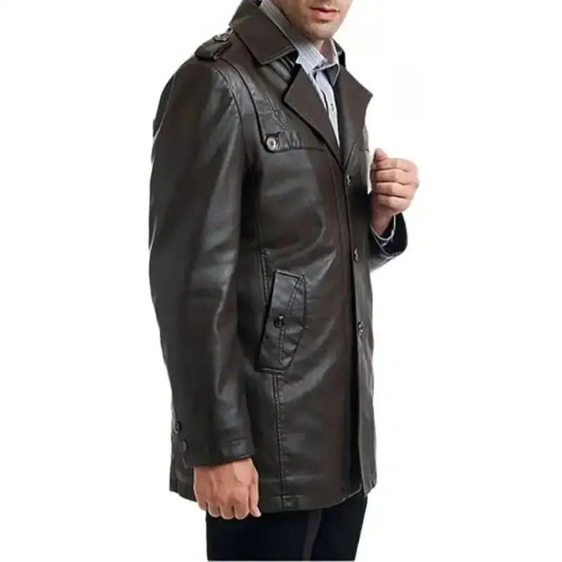 Single Breasted Black Motorcycle Leather Coat for Men