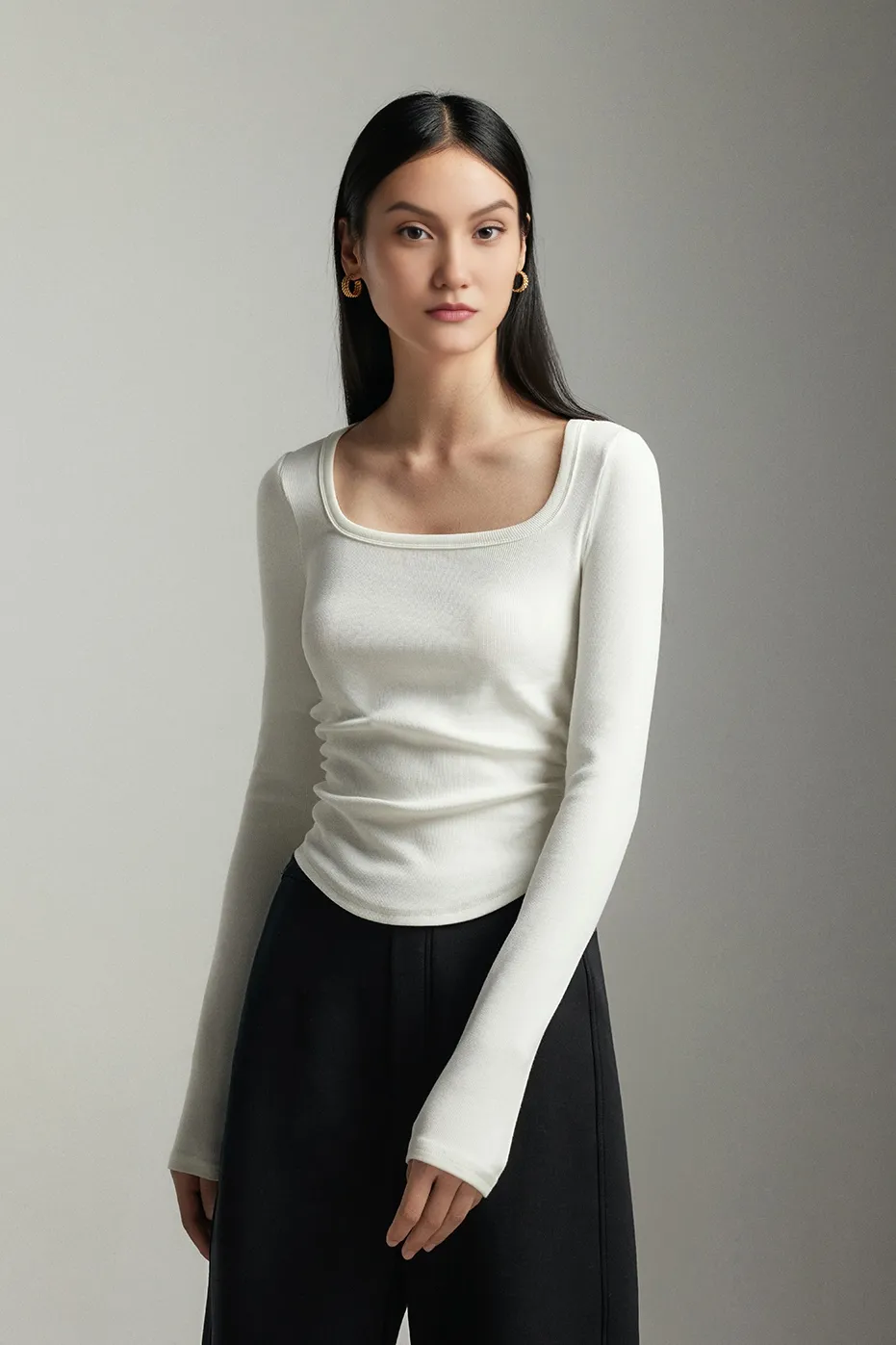 Slim Fit Square Neck Long Sleeve Shirt with Dolphin Hem