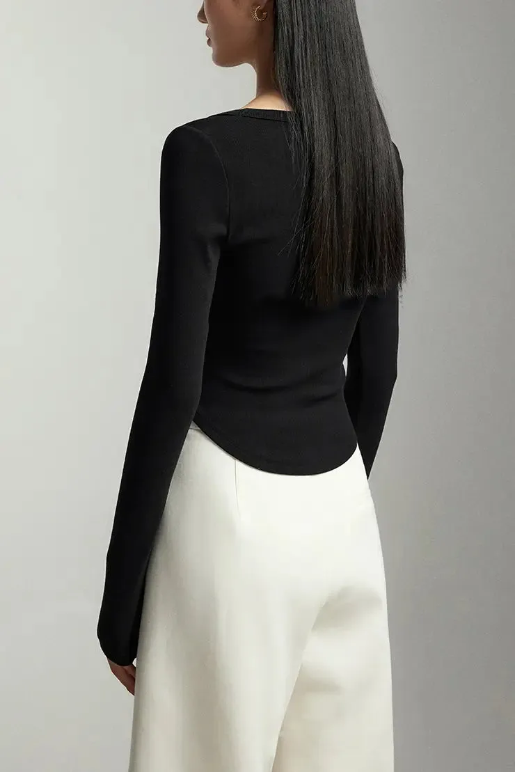 Slim Fit Square Neck Long Sleeve Shirt with Dolphin Hem