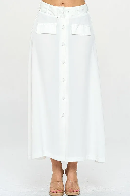 Solid Belted Long Skirt With Button Closure
