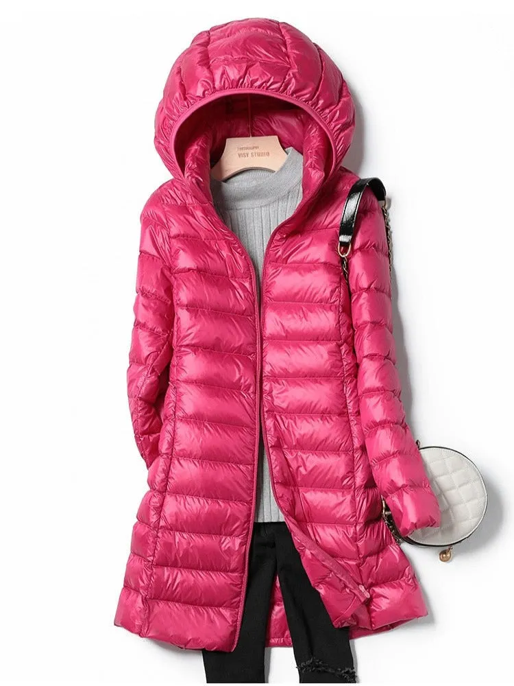 Ultra-Light Long Women's Winter Down waterproof Jacket: Thin, Casual, Slim Puffer Coat with Removable Hooded Parka