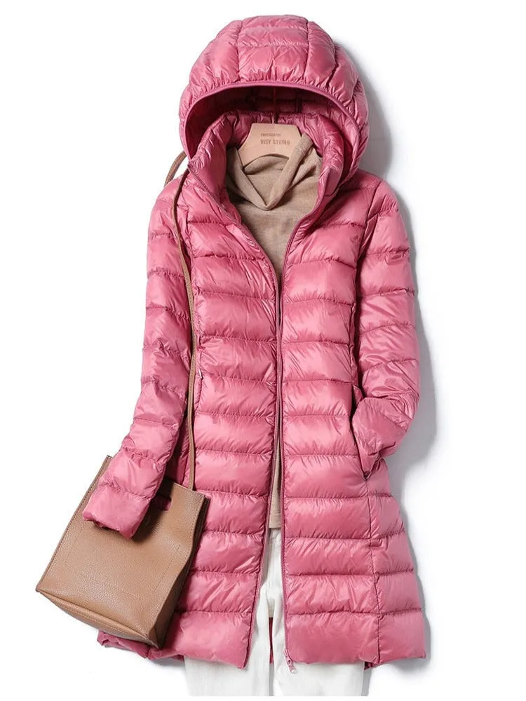 Ultra-Light Long Women's Winter Down waterproof Jacket: Thin, Casual, Slim Puffer Coat with Removable Hooded Parka