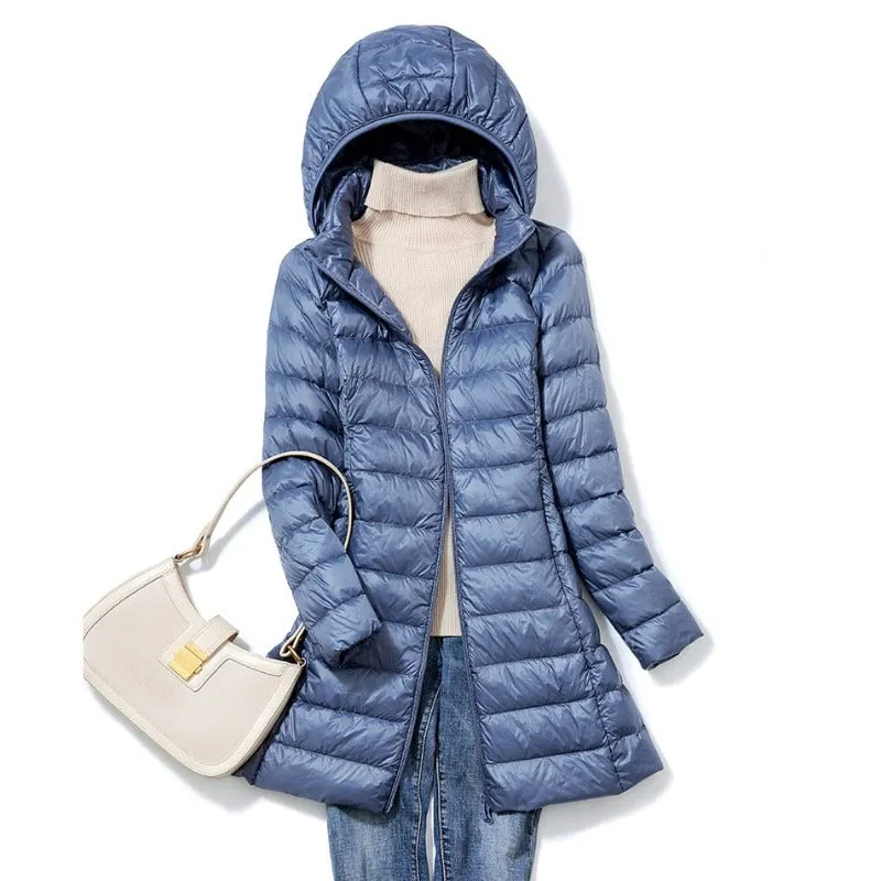 Ultra-Light Long Women's Winter Down waterproof Jacket: Thin, Casual, Slim Puffer Coat with Removable Hooded Parka