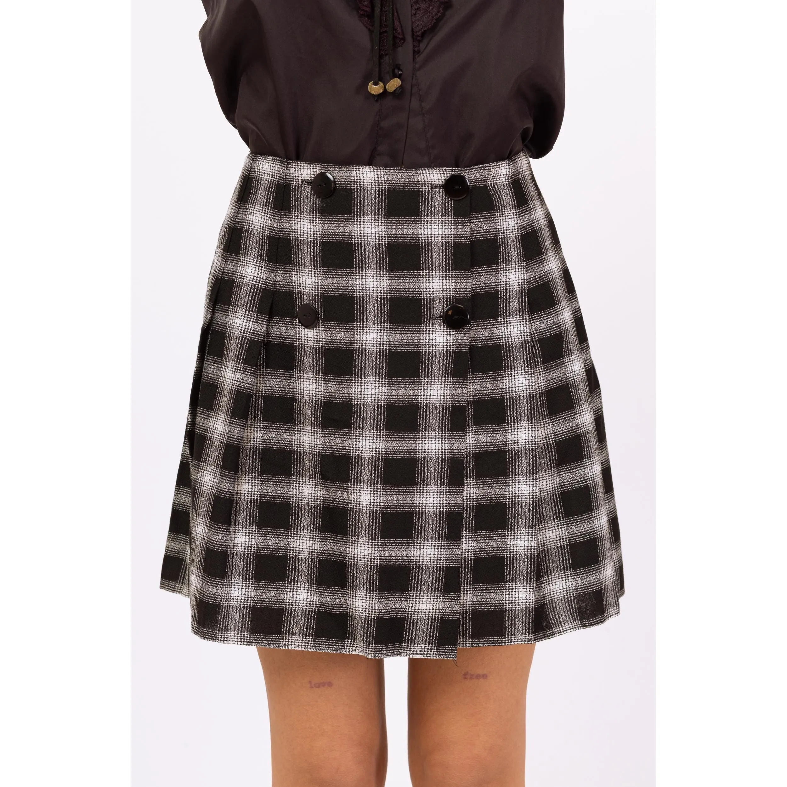 Vintage 90s Black & White Plaid Mini Schoolgirl Wrap Skirt - Small, 26" Waist