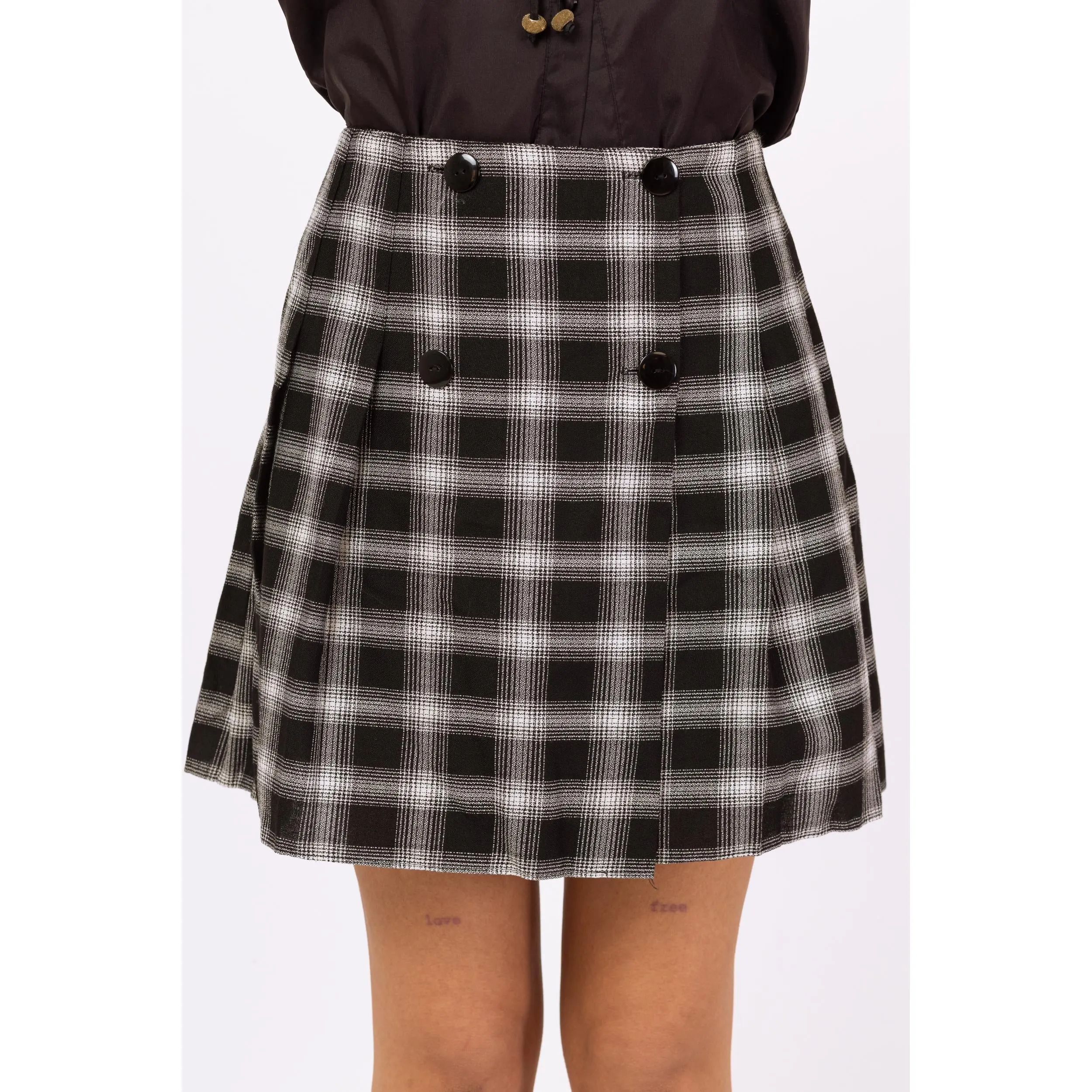 Vintage 90s Black & White Plaid Mini Schoolgirl Wrap Skirt - Small, 26" Waist