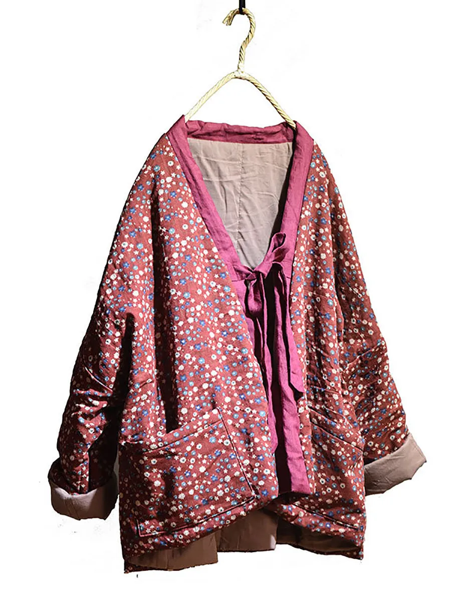 Women 100%Cotton Winter Ethnic Floral V-neck Coat