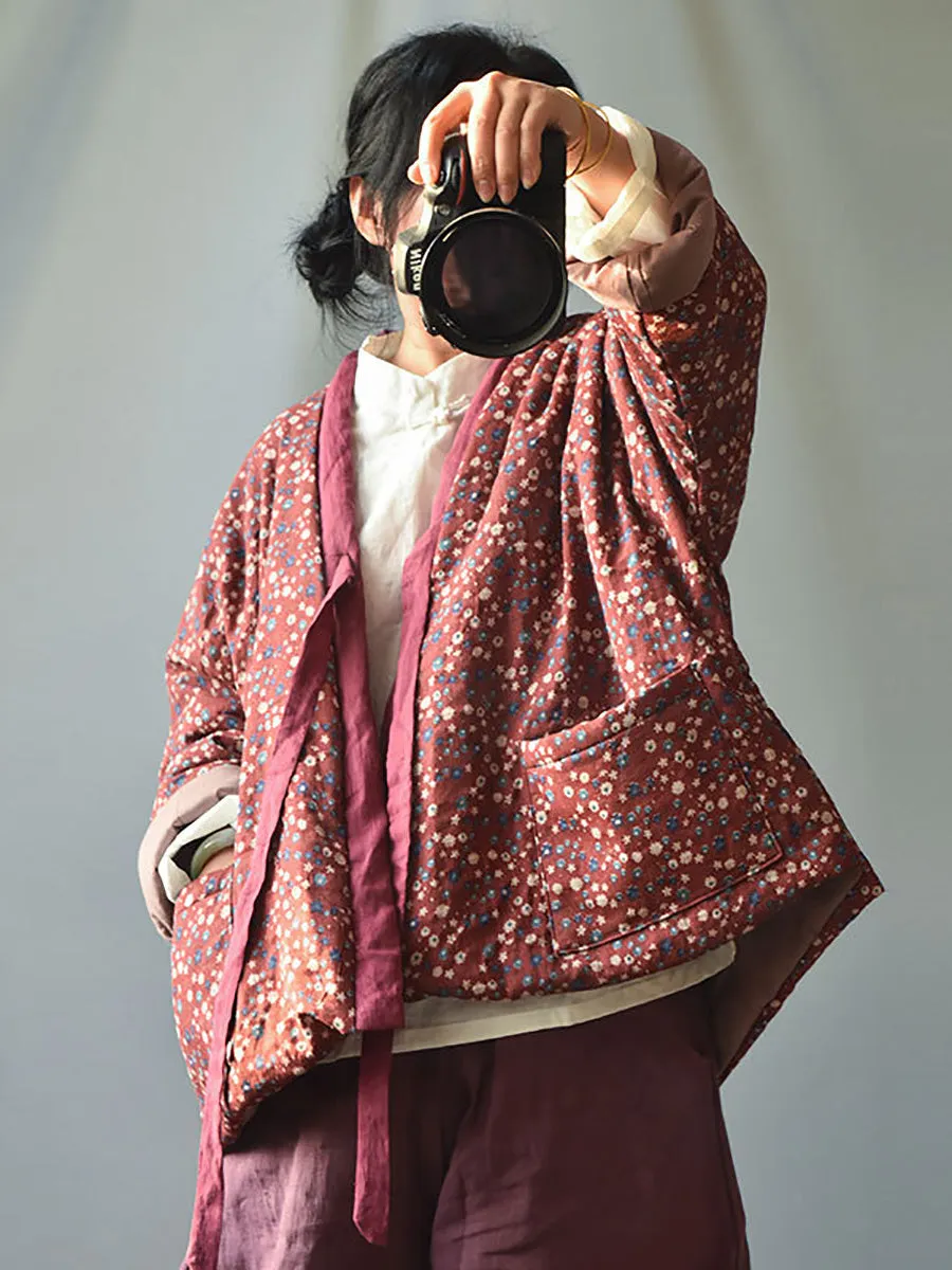 Women 100%Cotton Winter Ethnic Floral V-neck Coat